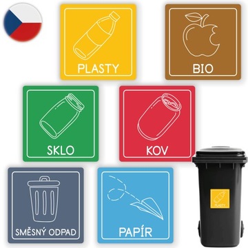 czeskie NAKLEJKI na kosze ŚMIETNIK do segregacji śmieci czesku 20x20cm 6szt
