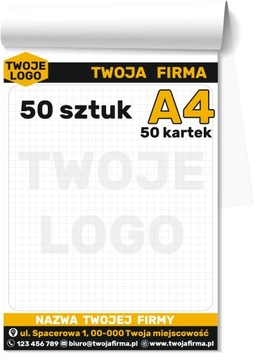 NOTESY klejone z NADRUKIEM A4 BLOCZKI Firmowe 50-kartkowe LOGO 50 sztuk