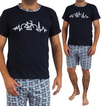 PIŻAMA MĘSKA XL szorty KRATKA logo BAWEŁNA rower