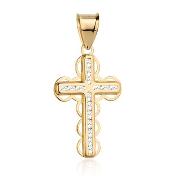 Krzyżyk złoty OZDOBNY Z CYRKONIAMI 585 CHRZEST KOMUNIA GRAWER GRATIS