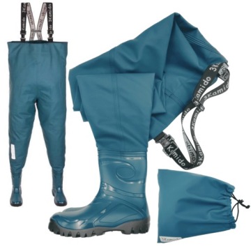 MOCNE SPODNIOBUTY WĘDKARSKIE MŁODZIEŻOWE PVC SZELKI DENIM BLUE 3KAMIDO 41