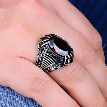 Unique Design Garnet Silver Men's Ring, Turkish Handcrafted Men Ring