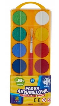 FARBY AKWARELOWE ASTRA 12 KOLORÓW PASTYLKA 30 MM + PĘDZELEK
