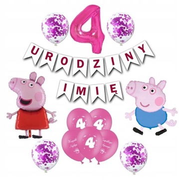 Zestaw Balony Świnka Peppa 4 Urodziny + Imię