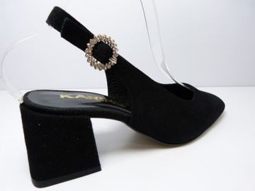 Czarne zamszowe czółenka sandały bez piety z ozdobą skórzane buty Karino 37