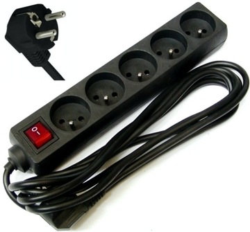 Кабель-удлинитель питания Rebel черный, 5 розеток с выключателем, длина 1,5 м.