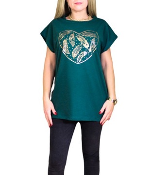 BLUZKA KOSZULKA T-SHIRT NADRUK ZŁOTY PÓRKA W SERCU BAWEŁNA 4XL, XXXL 48