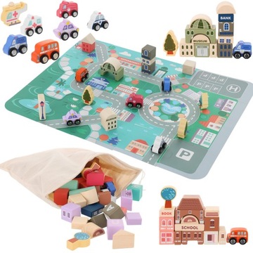 DREWNIANE KLOCKI MIASTO ZESTAW 115 KLOCKÓW PUZZLE DROGA AUTA KLOCKI WOREK