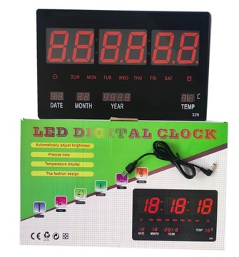 ZEGAR CYFROWY LED 33 cm. DATA TERMOMETR - DUŻY XL