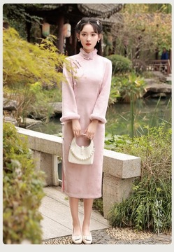 Różowy cheongsam wyściełany, pogrubiony, o nowym temperamencie dla dziewcząt