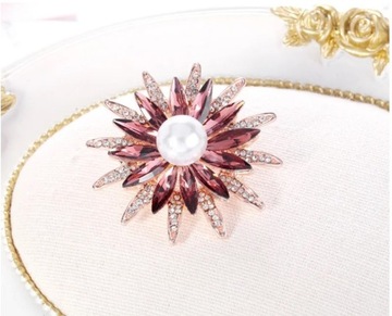 Broszka - koreański kwiat kryształ fioletowy perła - wersja złota
