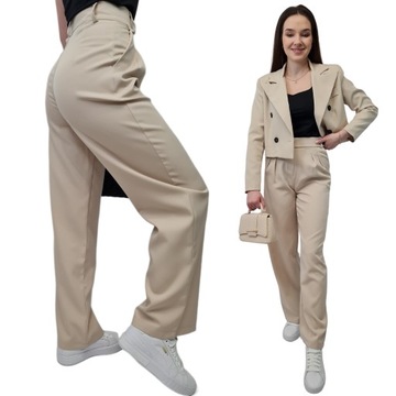 Spodnie GARNITUROWE Damskie z SZEROKĄ NOGAWKĄ Beżowe, Eleganckie r. XL