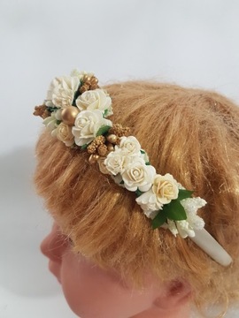 OPASKA KWIATY ECRU+ZŁOTO KOMUNIA RÓŻYCZKI