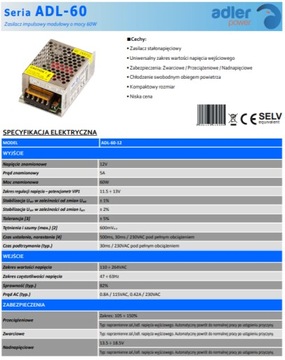 ZASILACZ 12V 5A LED MODUŁOWY 60W ADLER