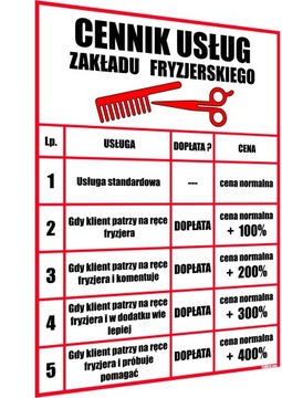 ŻARTOBLIWY CENNIK ZAKŁADU FRYZJERSKIEGO -HIT (s