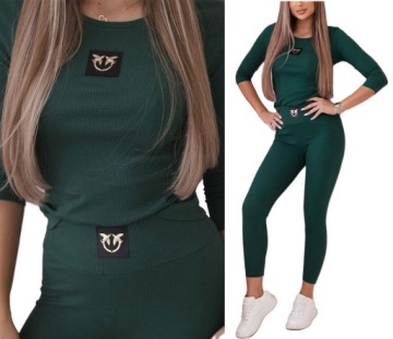 KOMPLET PRĄŻKOWANY LEGGINSY + BLUZKA JASKÓŁKI DRES FITNESS PIMKO PRĄŻEK M