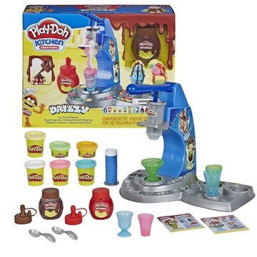 PLAY-DOH CIASTOLINA TĘCZOWA LODZIARNIA AUTOMAT DO LODÓW + 6 TUB I 2 POLEWY