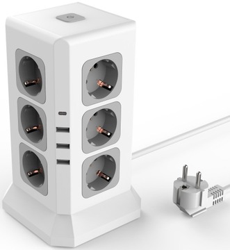 LISTWA ANTYPRZEPIĘCIOWA PIONOWA OCHRONNA 16w1 12 GNIAZDEK + 3 USB + 1 USB-C
