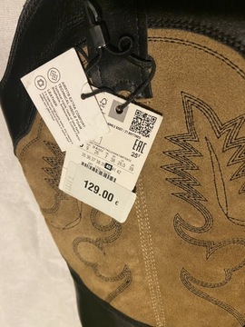 ZARA botki skórzane w stylu cowboy, czarno-beżowe z haftem, r. 40