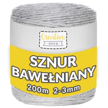 Sznurek do makramy bawełniany 3mm 200m szary