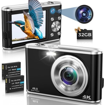 KOMPAKTOWY APARAT 4K 48 MP Z AUTOFOKUSEM PAMIĘĆ 32 GB EKRAN 28 CALA