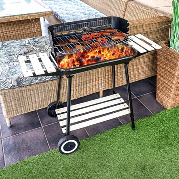 Садовый угольный гриль на колесах с 3 полками и большой решеткой.