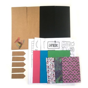 Lapbook zestaw do przygotowania A4 2 teczki kraft czarny grafiki papier