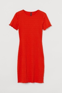 H&M Marszczona sukienka z krótkim rękawem elastyczna czerwona damska 34 XS