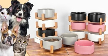 ДВОЙНАЯ ЧАШКА ДЛЯ КОШКИ, КЕРАМИЧЕСКИЕ ЧАШКИ НА ПОДСТАВКЕ БАМБУК, 2X400МЛ