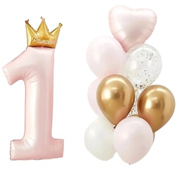 BALONY RÓŻOWE 1 NA ROCZEK PIERWSZE URODZINY DZIEWCZYNKA PRINCESS