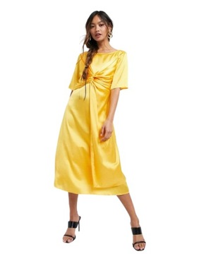 Elvi Żółta sukienka midi z węzłem na komunie 36