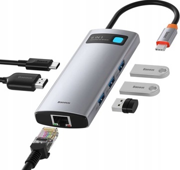 BASEUS ADAPTER HUB 6W1 ROZDZIELACZ ROZGAŁĘŹNIK USB-C USB RJ45 HDMI 4K 100W