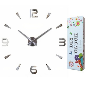 ZEGAR ŚCIENNY DIY DUŻY NAKLEJANY NA ŚCIANĘ 3D CICHY 65-120CM SREBRNY LUSTRO