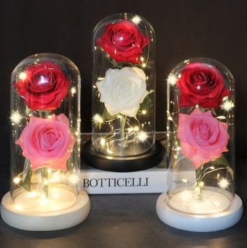 БЕЛАЯ ДВОЙНАЯ ИСКУССТВЕННАЯ ВЕЧНАЯ РОЗА В СТЕКЛЯНЕ КУПОЛ В СТЕКЛЕ LED ПОДАРОК