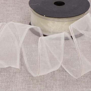 WSTĄŻKA TAŚMA SZYFONOWA KREM Z DRUCIKIEM 4,5CM 9M