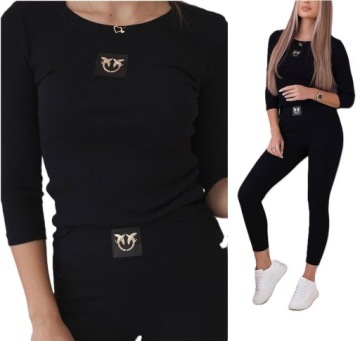 KOMPLET PRĄŻKOWANY LEGGINSY + BLUZKA JASKÓŁKI DRES FITNESS PIMKO PRĄŻEK L