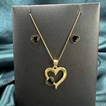 Złoty Komplet Biżuterii Srebro 925 Kolczyki i Naszyjnik Złote Serce Prezent