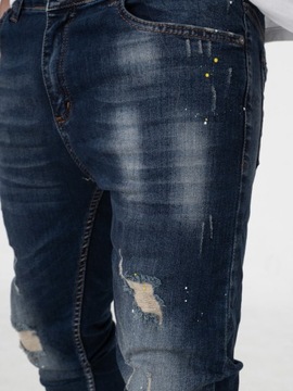 SPODNIE JEANSOWE MĘSKIE WYTARCIA MODNE i8 Denim Skinny Ciemne Niebieskie 30