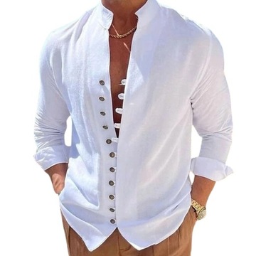 Хлопковая белая мужская рубашка с декоративными пуговицами и элегантным воротником-стойкой.