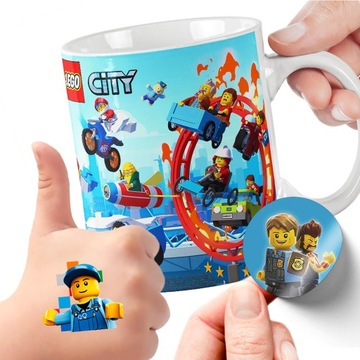 ZESTAW NA PREZENT KUBEK DLA DZIECI TATUAŻE NAKLEJKI LEGO CITY DUKE POLICJA