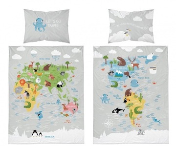 Pościel MAPA ŚWIATA ZWIERZĄTKA komplet pościeli MAYA MOO 100x135 cm szara