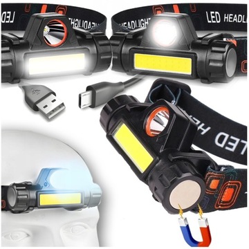 LATARKA CZOŁOWA LAMPKA CZOŁÓWKA COB LED ŁADOWANA Z USB 3 w 1 UCHYT MAGNES