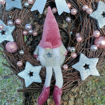 РОЖДЕСТВЕНСКИЙ ВЕНОК НАТУРАЛЬНАЯ БЕРЕЗА, РОЖДЕСТВЕНСКИЙ КРЕМ, РОЗОВЫЙ, СЕРЕБРЯНЫЙ