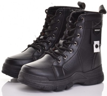 SKÓRZANE DAMSKIE BOTKI PŁASKIE SZNUROWANE CZARNE