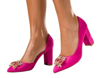 CZÓŁENKA DAMSKIE NA OBCASIE SŁUPKU ELEGANCKIE OZDOBNE KWIATKI LEKKIE r 36