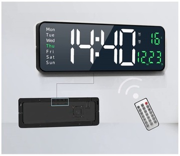 ZEGAR NA ŚCIANĘ Cyfrowy Elektroniczny Duży LED Temperatura Pilot Stoper USB