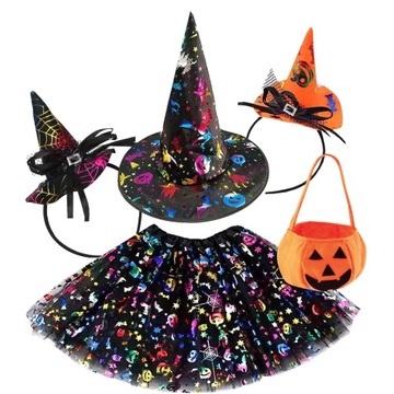 STRÓJ DYNIA NA HALLOWEEN WIEDŹMA SPÓDNICZKA 2x OPASKA + SPÓDNICZKA + KOSZYK