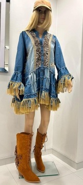 tunika włoska sukienka jeansowa cudo boho lużny fason haft