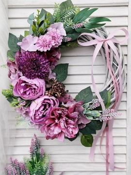 ВЕСЕННИЙ ЦВЕТОЧНЫЙ ВЕНОК ДЛЯ ДВЕРИ, ПЛЕТЕННЫЙ ВЕНОК, КРЕМ, ЛАВАНДА, ЛИЛА