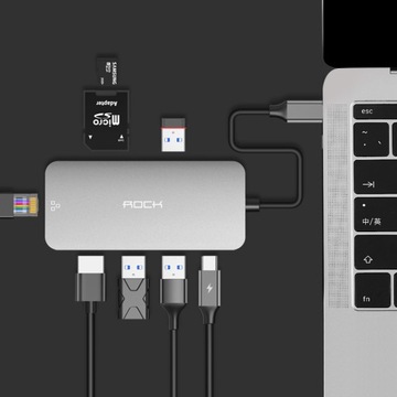 АДАПТЕР-ХАБ 8 В 1 ДОК-СТАНЦИЯ ROCK USB-C HDMI 4K SD RJ45 87 Вт ДЛЯ MACBOOK
